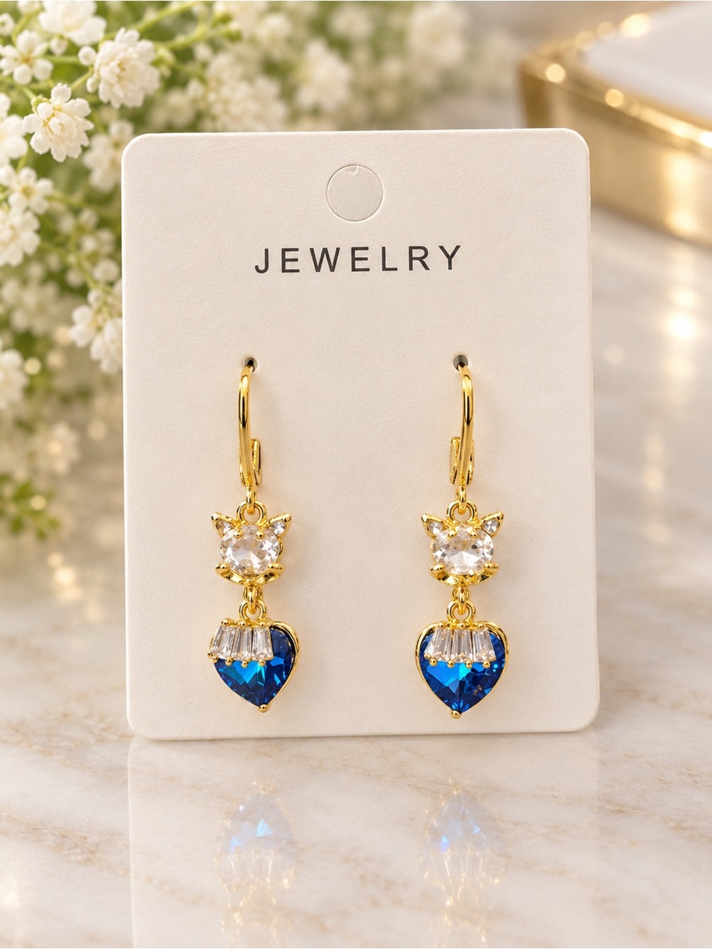 Gold-Tone Drop Earrings with Blue Heart Crystal and Clear Cat Accent